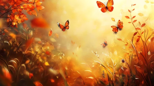 Orange butterflies over sunlit autumn foliage field.