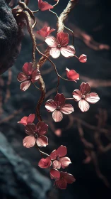 Red Blossoms on Weathered Branch in Atmospheric Light.