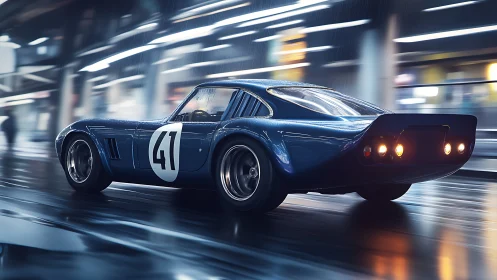 Classic blue race car speeds through wet neon city street.