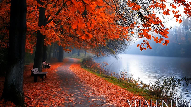 Autumn riverside path under vivid red foliage at dawn.