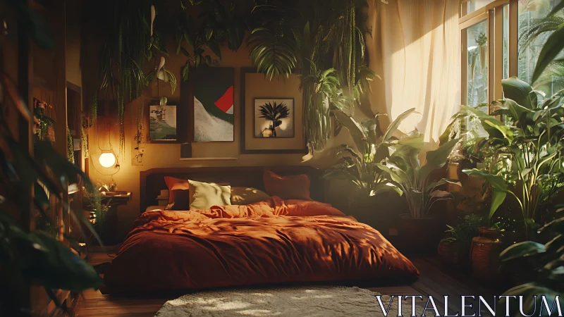 Sun-drenched jungle bedroom cradled in glowing amber light.