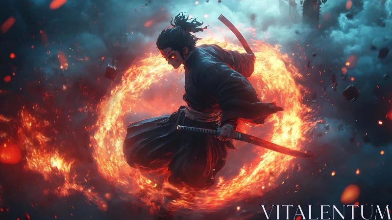 Flaming ring encircled samurai in dynamic mid-air kata pose