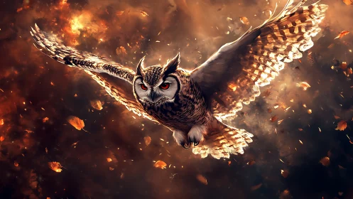 Majestic owl in flight through autumn leaves, digital fantasy art.