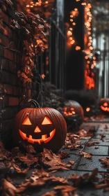 Glowing jack o lanterns line a leaf covered Halloween sidewalk