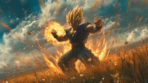 Golden-haired warrior unleashes explosive fiery power field.