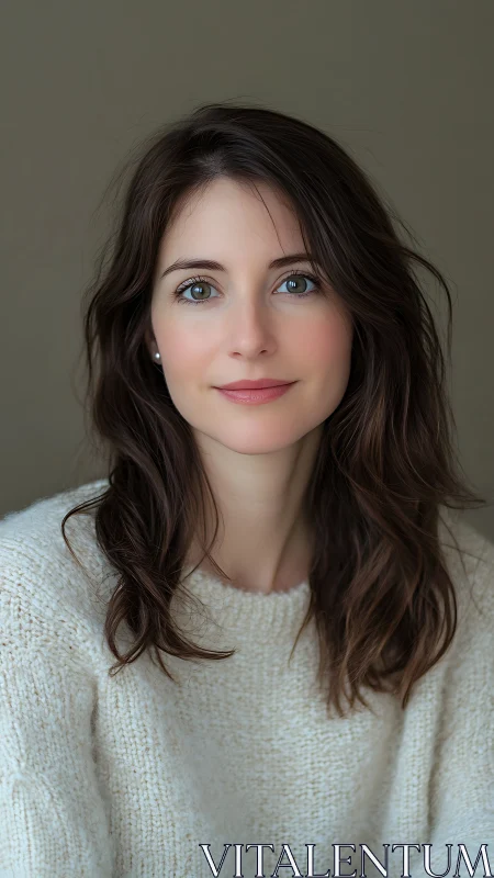 Gentle portrait of a warm, relaxed woman in a soft sweater.