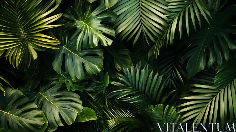 Emerald jungle quiet, layered palms and monsteras whispering.