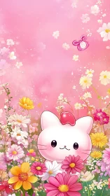 Cute pastel cat smiles among bright spring meadow flowers