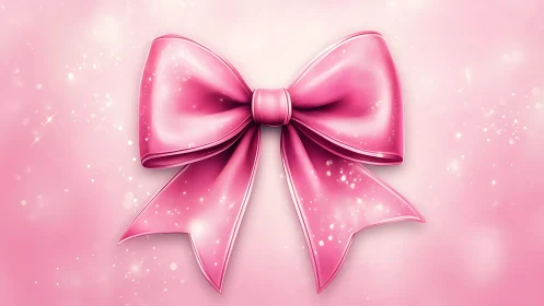 Luminous pink ribbon bow with sparkles on soft gradient.