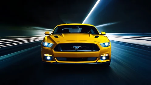 Yellow sports coupe charging through neon tunnel at speed.