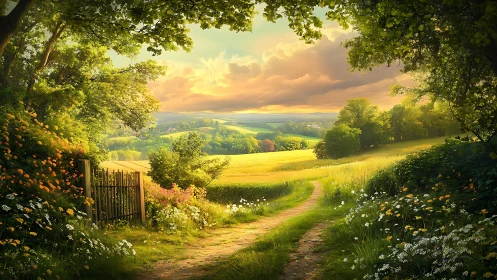 Sunlit country path through wildflower meadow landscape.