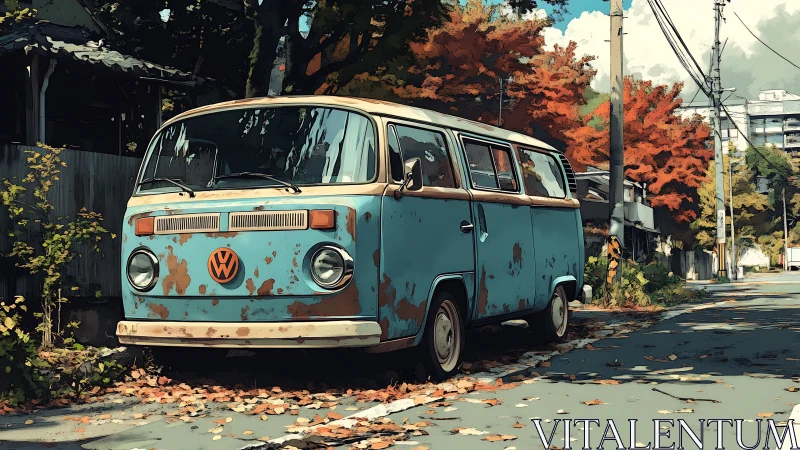 Weathered blue VW microbus parked on leaf-strewn autumn street