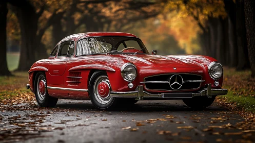 Red classic Mercedes coupe glows under autumn tree tunnel.