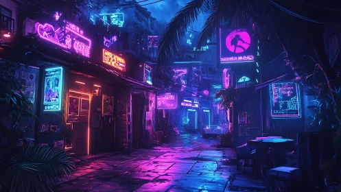 Neon soaked cyberpunk alleyway with glowing rain reflections.