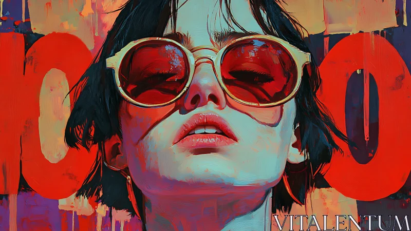 Woman in red sunglasses faces camera against bold abstract background