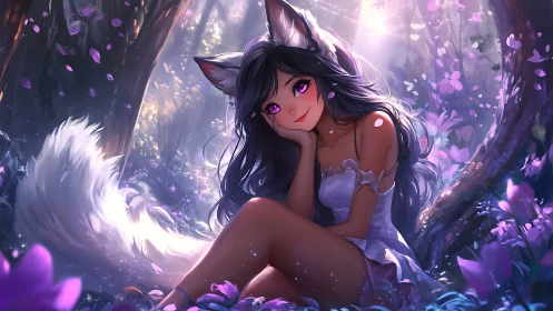 Fox-eared girl resting in a dreamy violet forest glow.