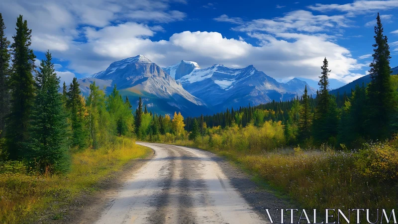 Dirt forest road leading to snowcapped alpine mountain range