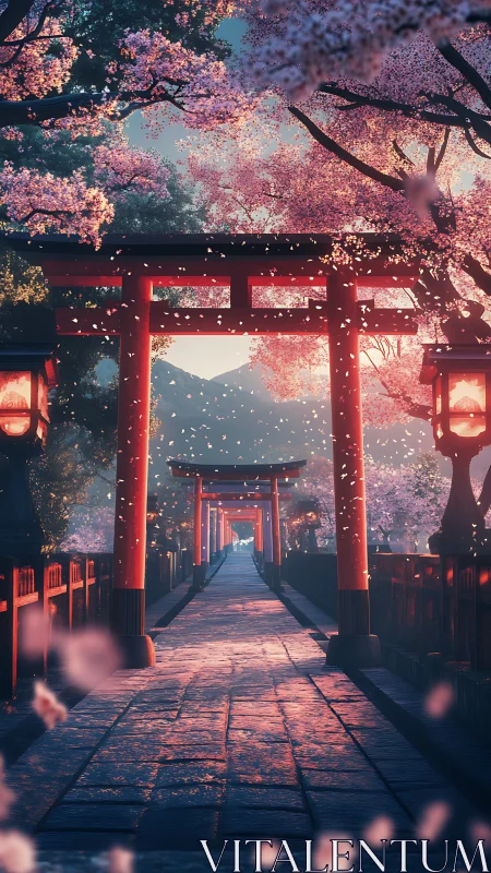 Cherry blossoms drift gently along a lantern lit torii path