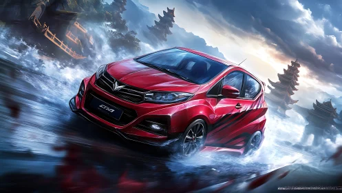 Red sport hatchback cuts through dynamic water and storm light