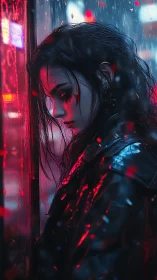 Neon rain wraps a pensive soul in quiet city sadness
