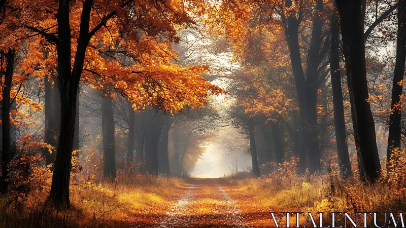 Atmospheric tunnel perspective through autumn forest canopy with volumetric light