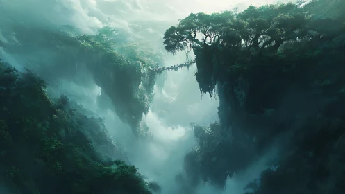 Mist-draped sky bridge unites emerald cliffs in silence.