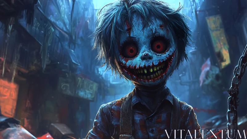 Grotesque doll-like figure in decayed urban alley at night.