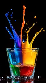 Colorful liquid splashes captured in clear glass cup.