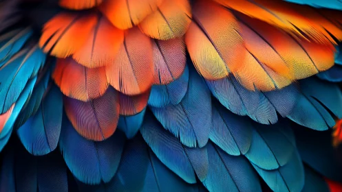 Macaw feather close-up reveals vivid blue and orange plumage.