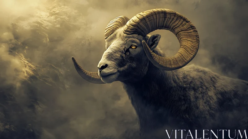 Golden-eyed mountain ram watching over stormy clouds.
