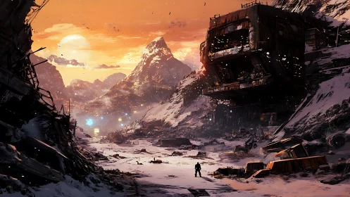 Post-apocalyptic glacial valley with derelict megastructure.