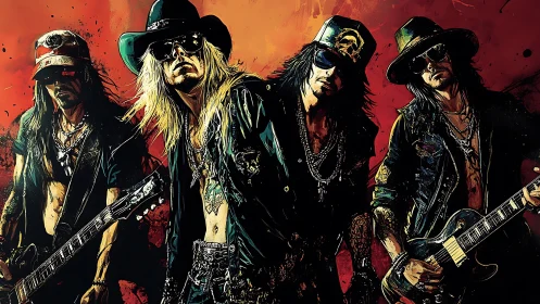 Rock band quartet poses under fiery grunge lighting