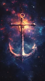 Galvanized anchor silhouette suspended within nebular starfield glow