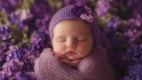Lavender Dreams: Infant Nestled in Purple Blooms