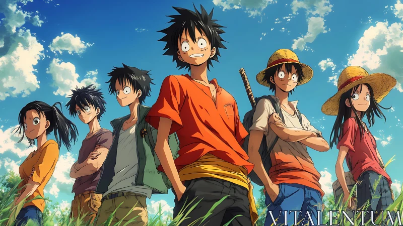 Sunlit anime adventurers stride through wild summer skies.