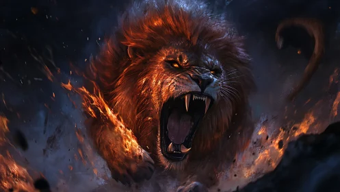 Roaring infernal lion rendered in dynamic digital chiaroscuro
