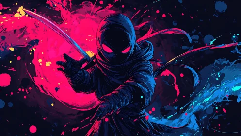 Neon cloaked ninja with dual katanas amid magenta cyan vortex