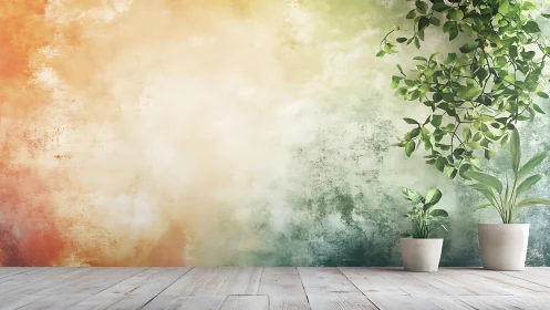 Potted indoor plants stand before textured gradient wall