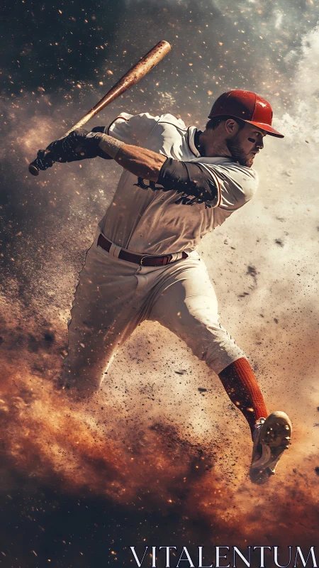 Powerful baseball swing bursting through flying dust.