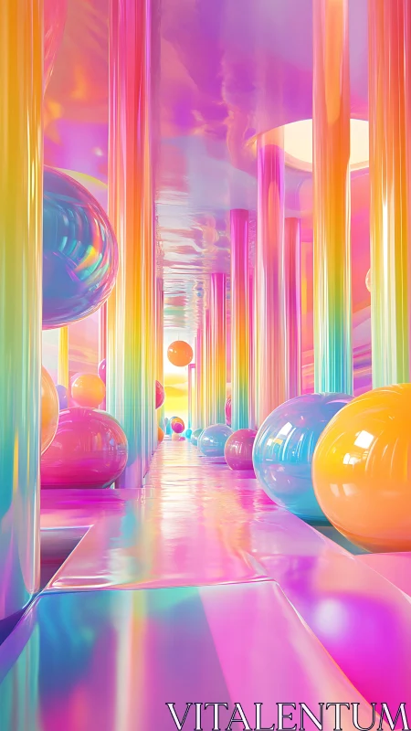 Iridescent corridor holds glossy rainbow spheres and columns.