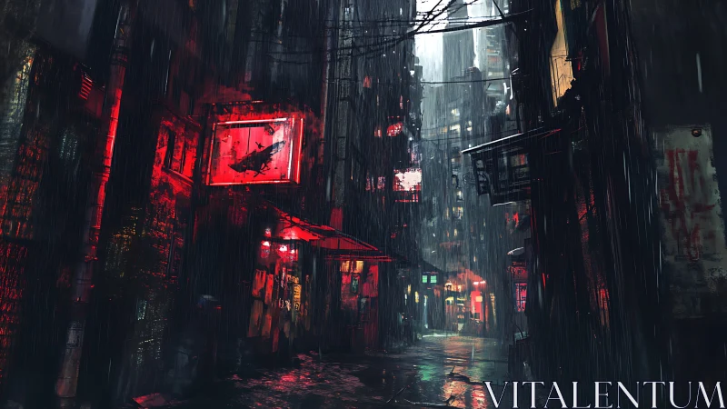 Neon-soaked cyberpunk alley under relentless midnight rain.