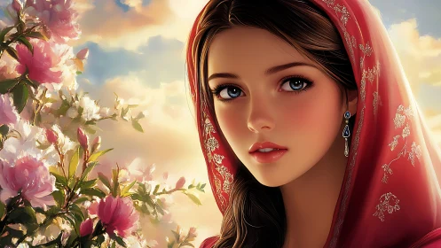 Digital portrait depicts veiled woman beside blooming flowers