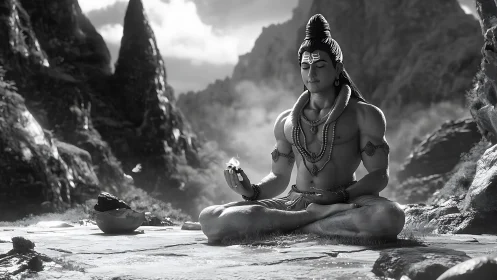 Meditative deity in misty mountain landscape holds sacred flame.
