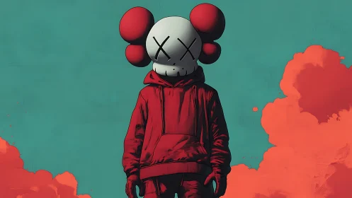 Hooded figure with stylized skull mask in red smoke field.