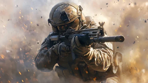 Tactical soldier advances through explosive battlefield chaos