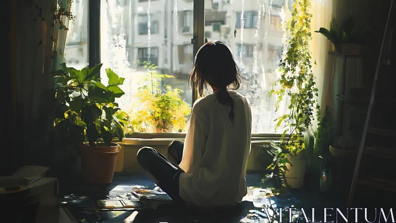 Woman sits by a bright window surrounded by houseplants.