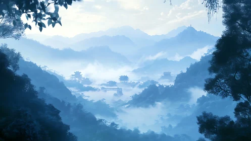 Misty layered mountain valley with distant pagoda structures.