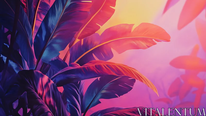 Neon tropical leaves under vibrant sunset gradient glow.