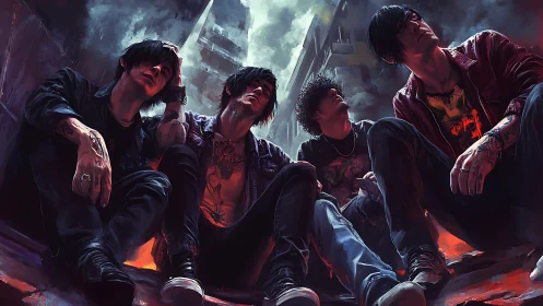 Four tattooed youths sit in burning urban alleyway scene.