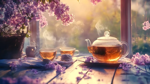 Blossom kissed sunrise tea ritual by a glowing garden window.